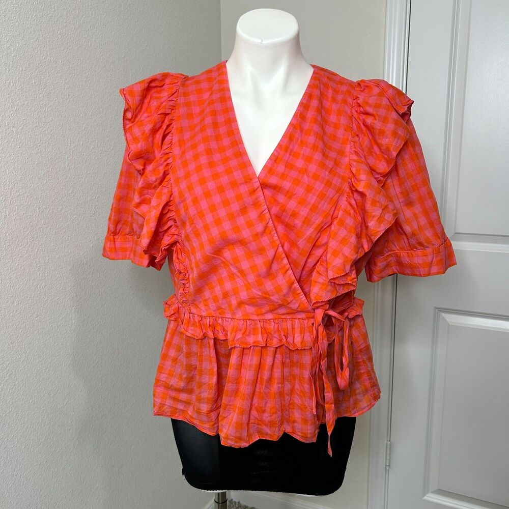 J.Crew Ruffle Wrap Top Gingham Pink Orange Organic Cotton Peplum Blouse XL